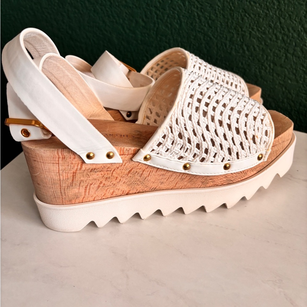 Stella McCartney White and Tan Wedge Sandals